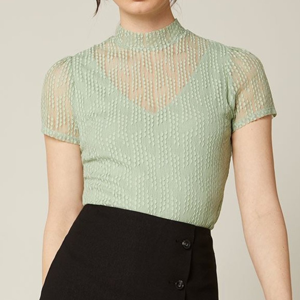 Light Green Lace Short Sleeve Mock Neck Top in M